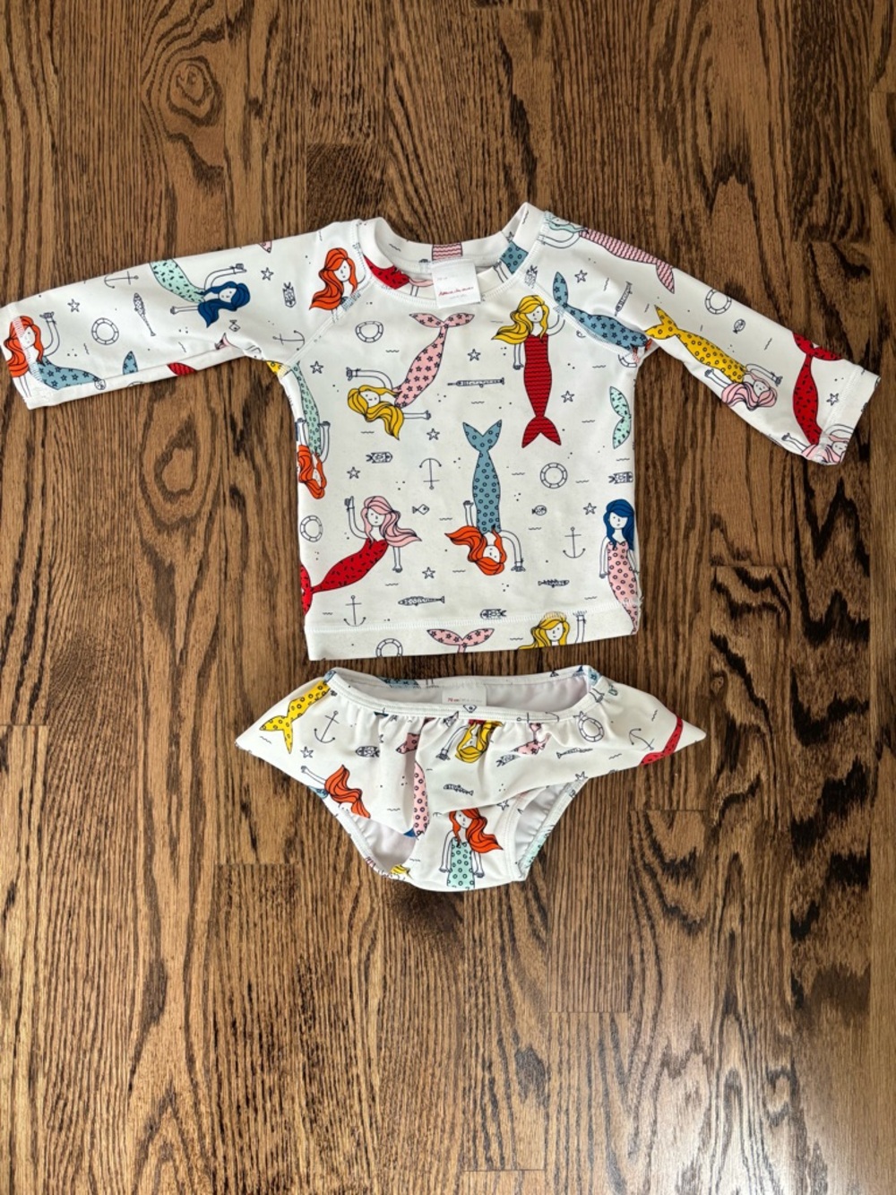 Hanna Andersson White Kids Rash Guard Swim Set with Colorful Mermaid Print